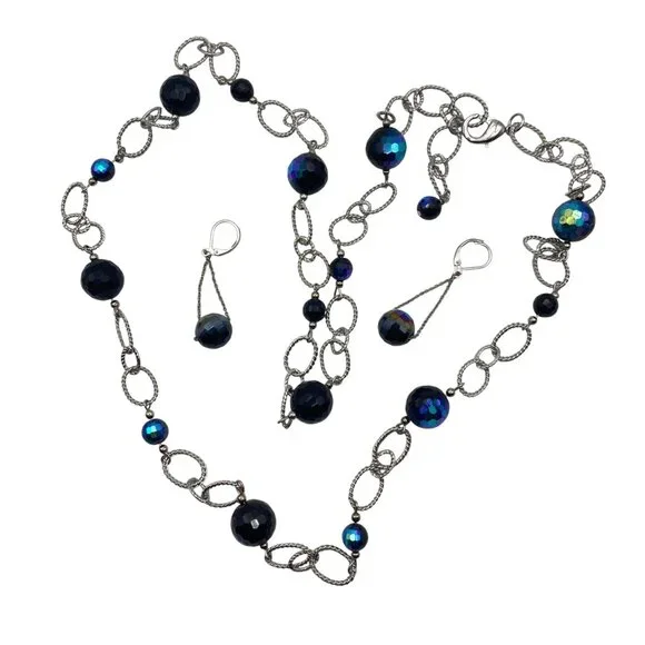 Glass AB Faceted Black Bead Necklace Earring Set Silver Tone 36" Chain 2" Dangle - Picture 2 of 8